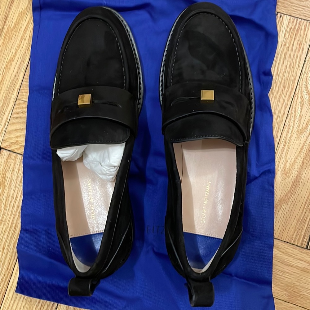 Never worn Stuart Weitzman black suede loafers.